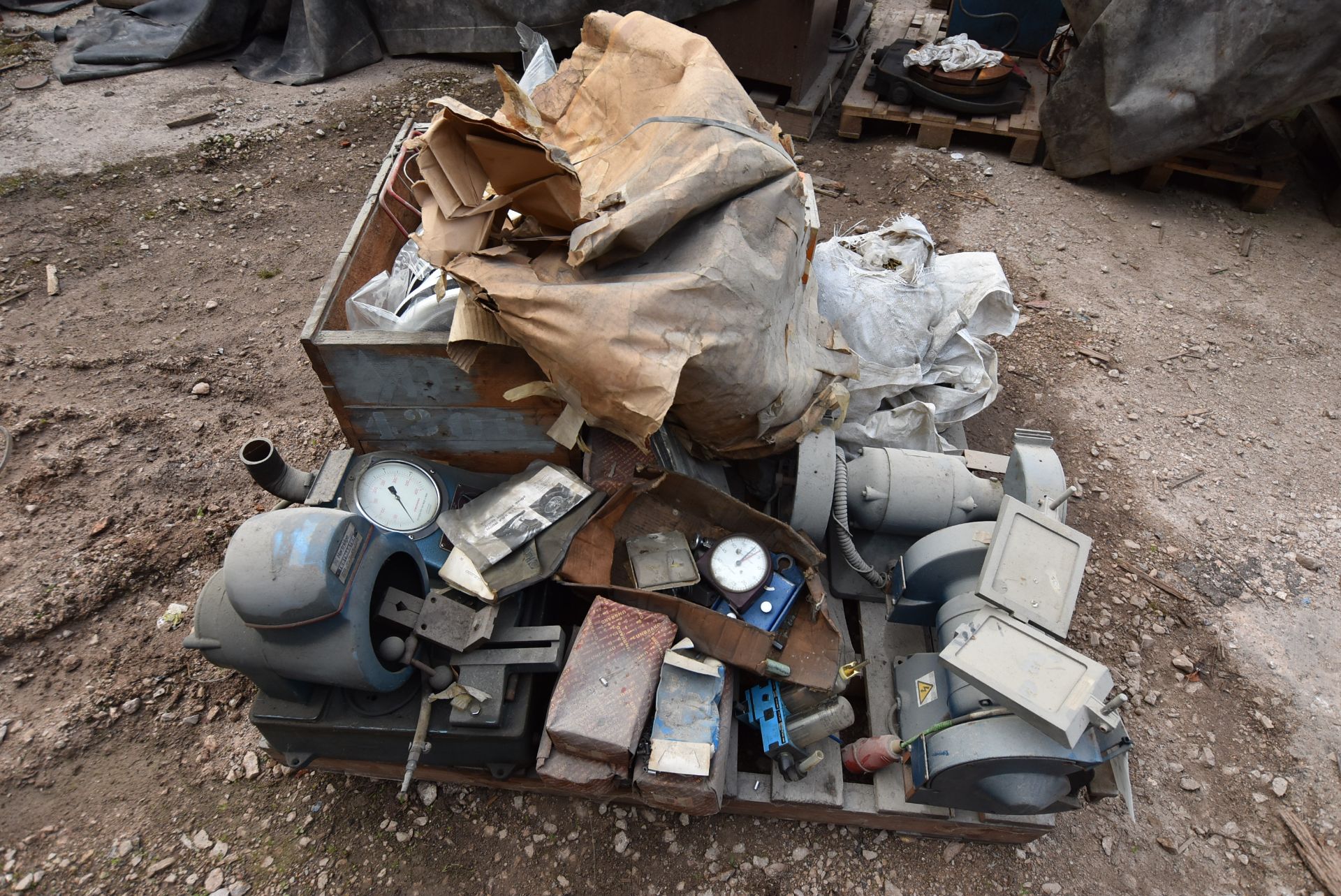 Assorted Equipment, on pallet including two bench grinders, fastenings, strapping and wheel - Image 2 of 4