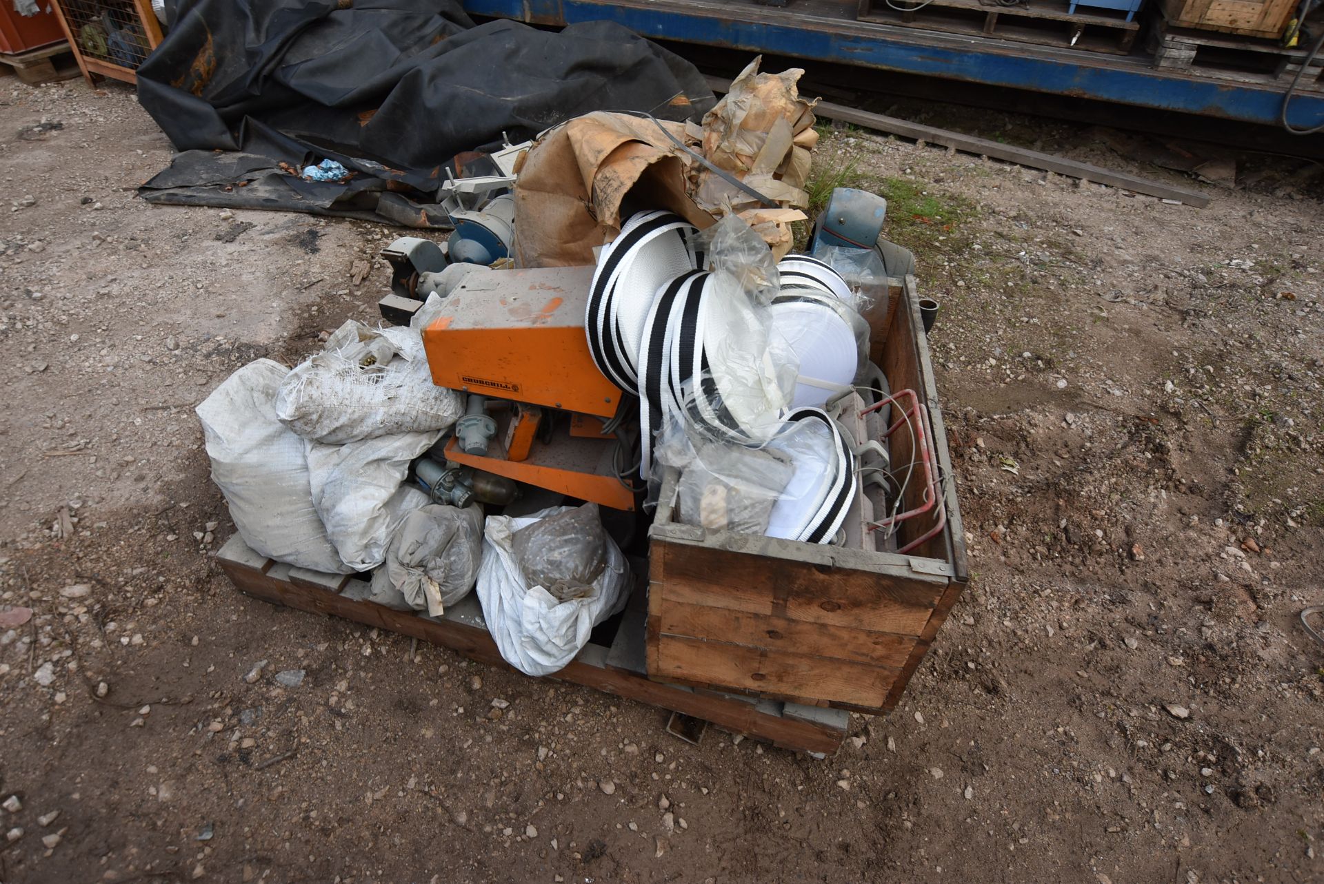 Assorted Equipment, on pallet including two bench grinders, fastenings, strapping and wheel - Image 4 of 4