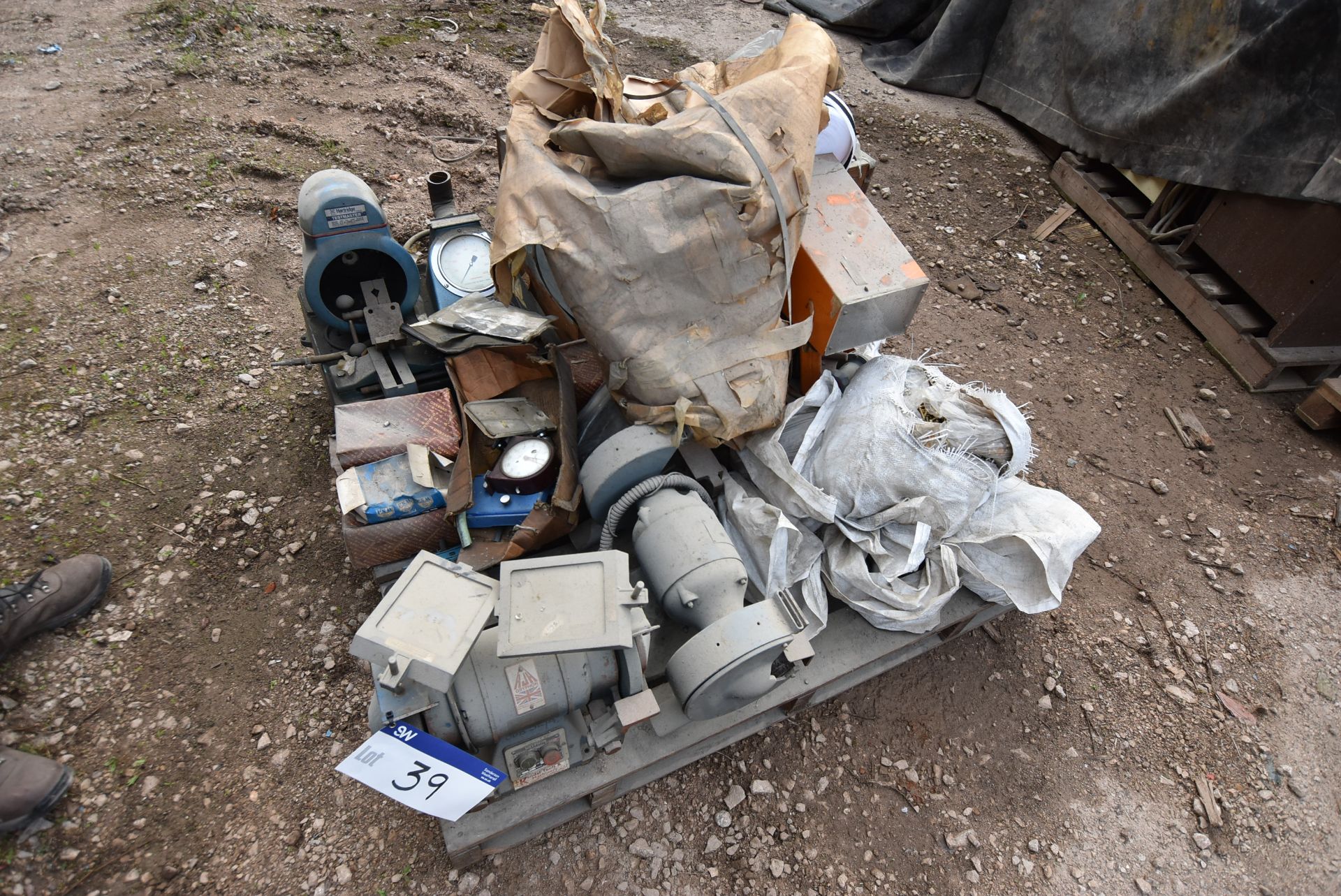 Assorted Equipment, on pallet including two bench grinders, fastenings, strapping and wheel