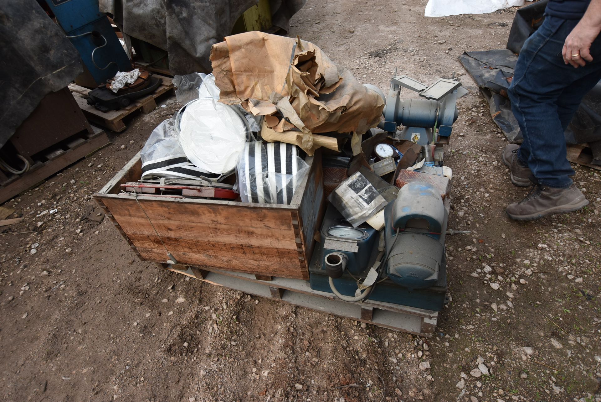 Assorted Equipment, on pallet including two bench grinders, fastenings, strapping and wheel - Image 3 of 4