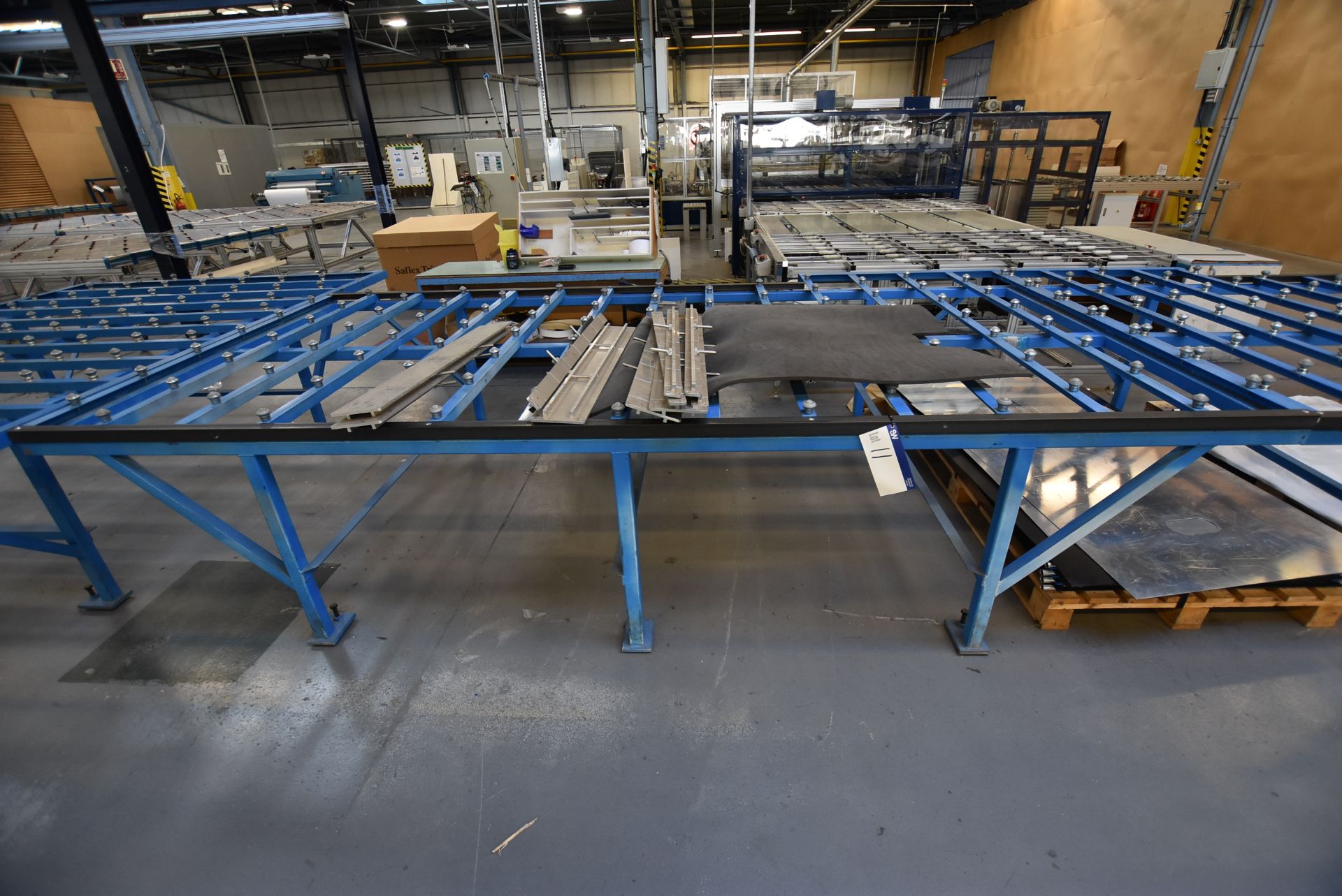 Stationary Steel Framed Roller Ball Feed Table, approx. 3.77m x 1.8m x 870mm high