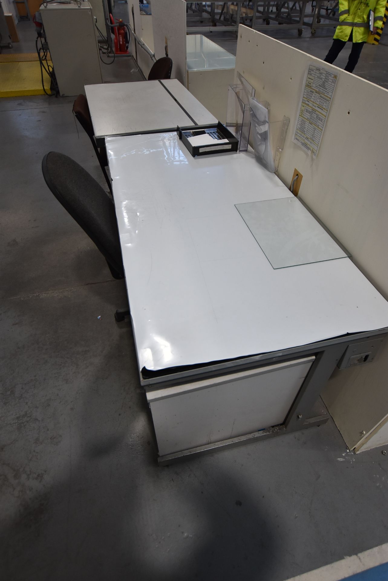 Three Glazed Top Benches, with two cantilever framed tables and three chairs - Image 2 of 2