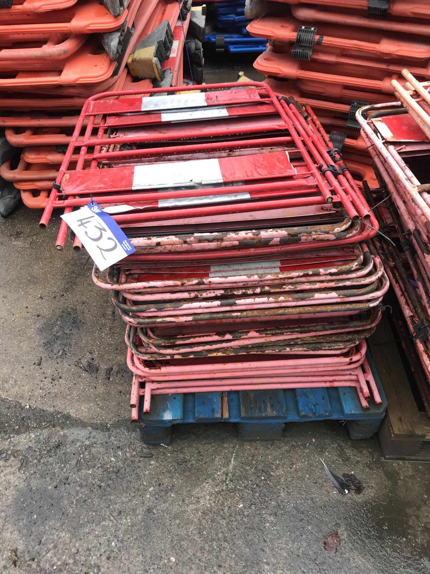 Two Pallets of Metal Framed Red Road Safety Barrie