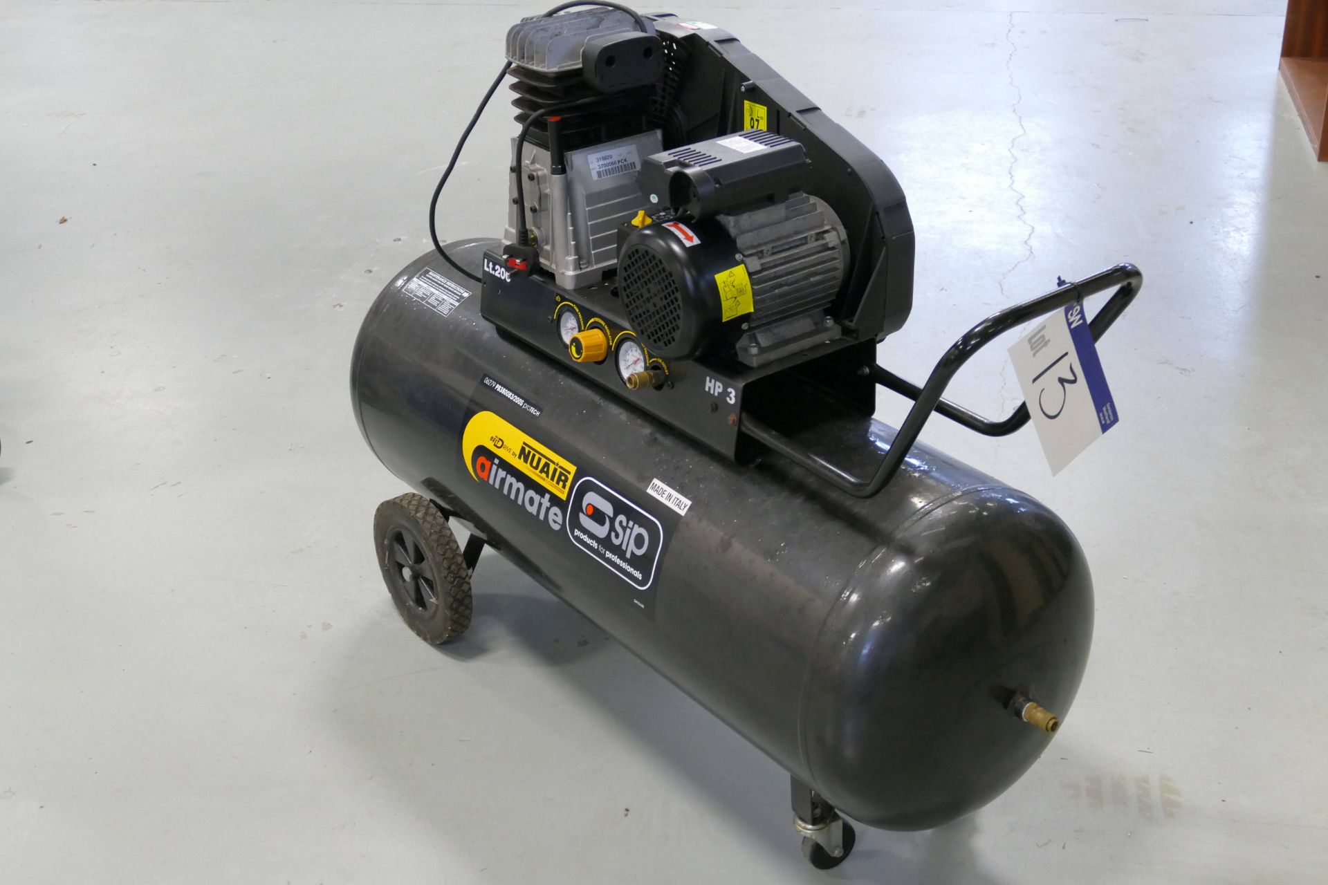 Sip Airmate PNB3800S/200 Mobile Horizontal Receiver Mounted Air Compressor, serial no. 123764, 240V