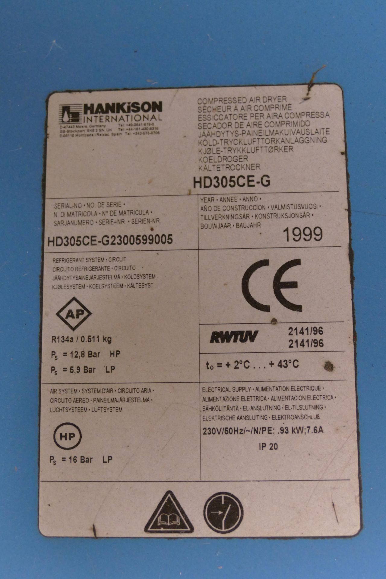 Hankison HD305CE-G Air Dryer, serial no. HD305CE-G2300599005, year of manufacture 1999, with two - Image 4 of 4