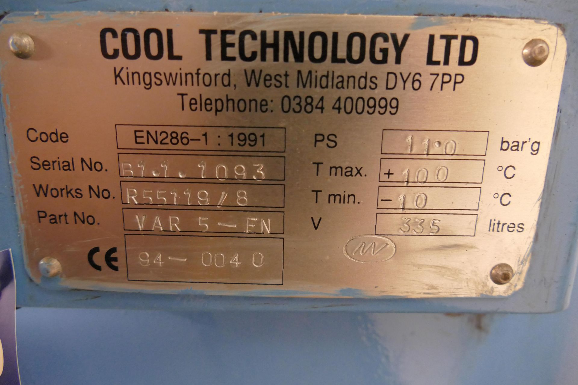 Cool Technology EN286-1 Vertical Welded Steel Air Receiver, serial no. B1.1.1093, year of - Image 3 of 3