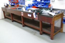 Timber Bench, approx. 4.15m long x 840mm x 880mm high, with sheet steel top (reserve removal until