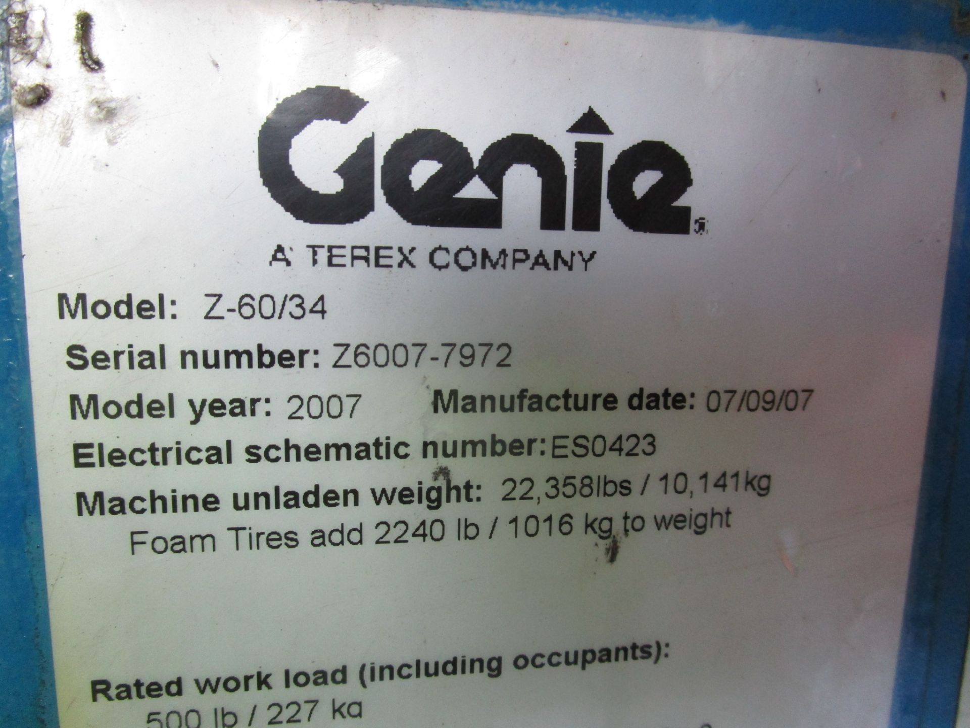 Genie Z60/34 V3 300kg SWL WHEELED RAIL MEWP ACCESS RAILER, serial no. Z6007-7972, (type 9B), ECC - Image 10 of 26