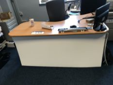 Two Beech Effect Curved Desks, with melamine desk,