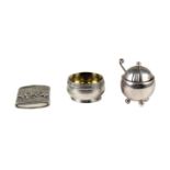 (3) Sterling Mustard Pot, Open Salt & Match Holder