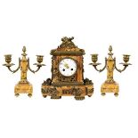 Antique French 3 Pc Bronze and Marble Clock Set