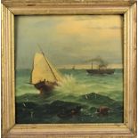 19th C Marine Scene, American, Oil on Board