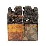 Pair of Chinese Foo Lion Carved Soapstone Chops