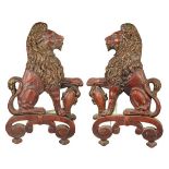 Pair Early 20th C Cast Iron Lion Rampant Andirons