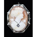 Antique 14k Shell Cameo, Diamond Brooch