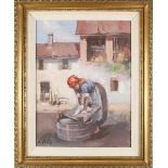 Signed Oil, Woman Washing Clothes