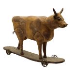 Early Americana Folk Carving of Bull on Wheels