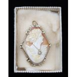 Antique 14k Shell Cameo Diamond Brooch