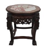 Chinese Hardwood Carved Stool w Marble Insert