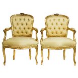 Pair French Gilt Carved 19th C Fauteuil Arm Chairs