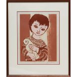 Girl with Dove, Signed Woodblock Print