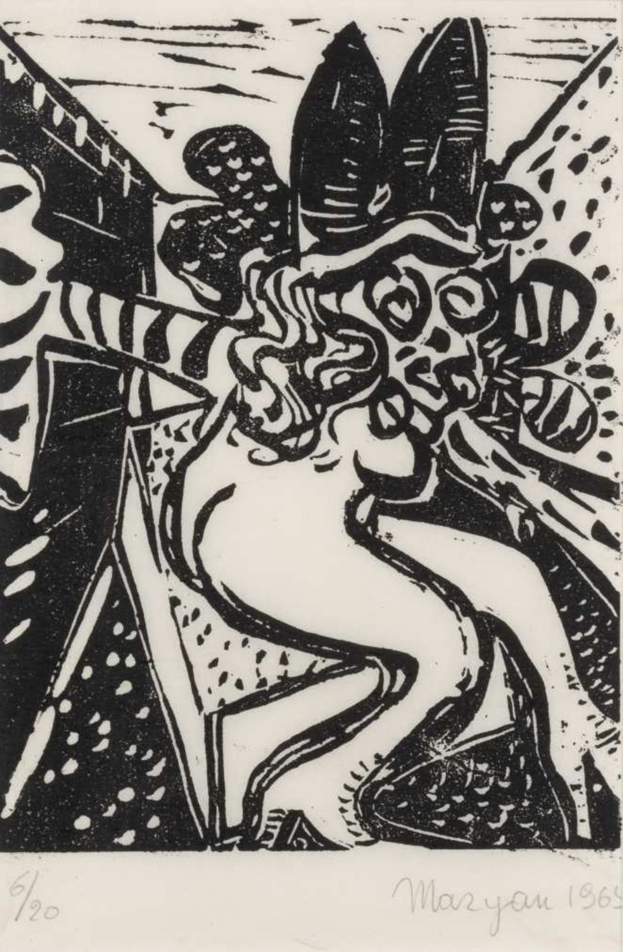 MARYAN (1927-1977) Sans titre, 1965. Bois gravé en noir. Signé, daté et numéroté 6/20. Hout