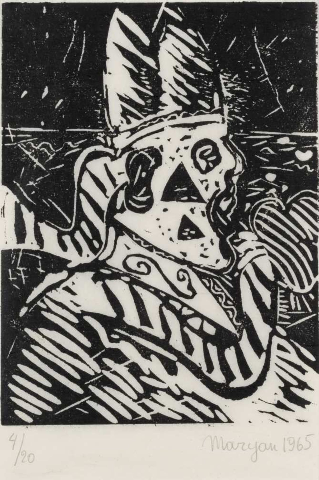 MARYAN (1927-1977) Sans titre, 1965. Bois gravé en noir. Signé, daté et numéroté 4/20. Hout