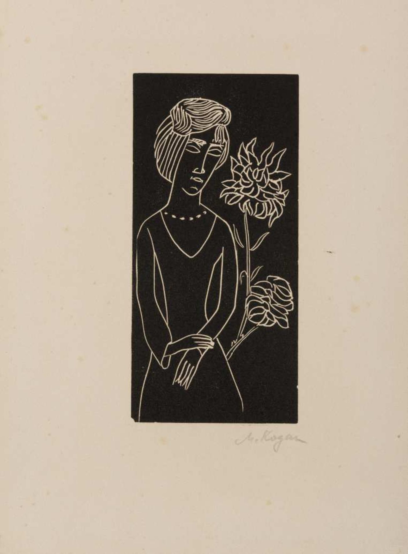 MOISSEJ KOGAN (1879-1942) Femme au chrysanthème, 1923 Bois gravé. Signé en bas à droite.