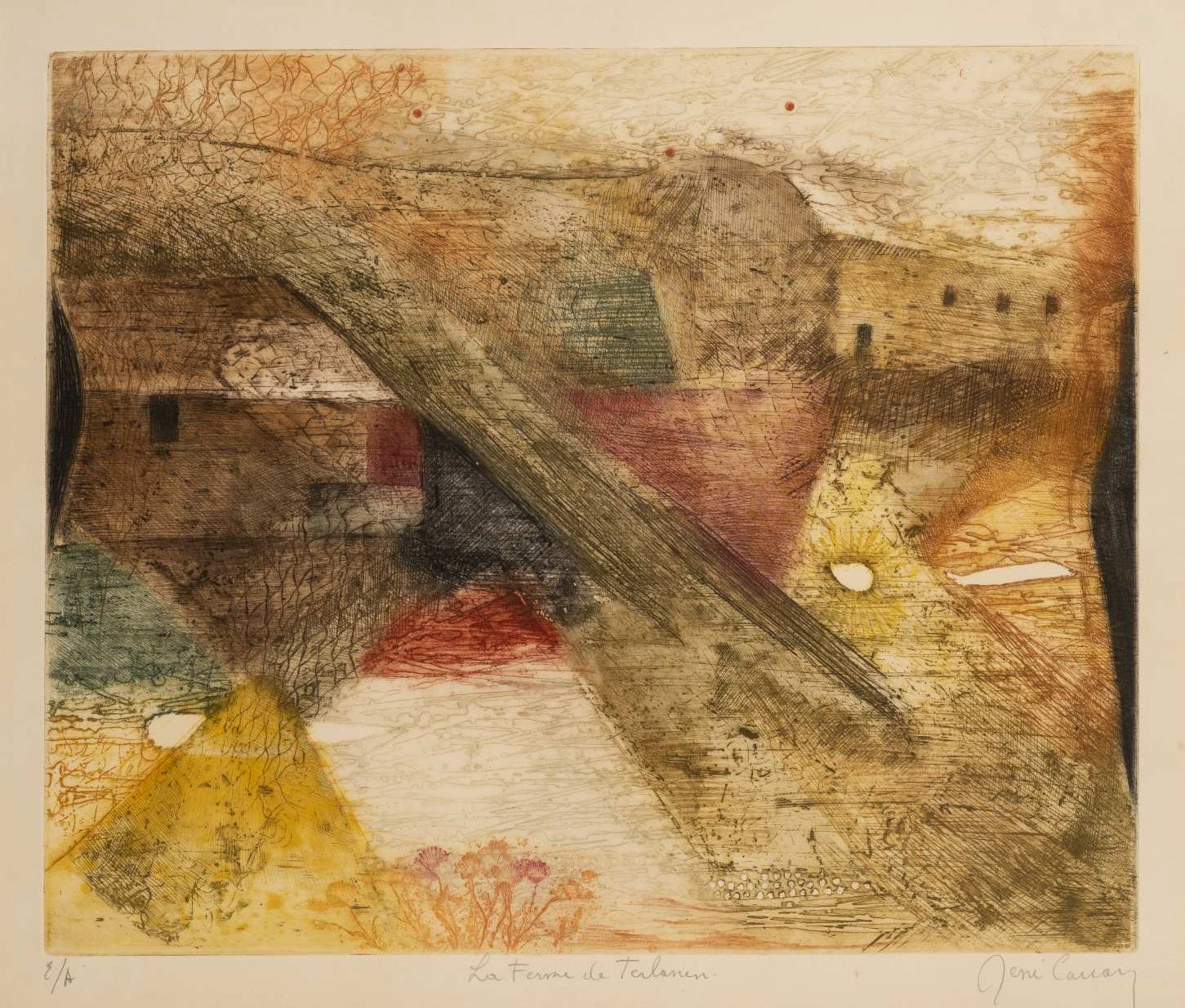 RENE CARCAN (1925-1993) La ferme de Terlalen. Eau-forte et aquatinte en couleus. Signée, titrée et