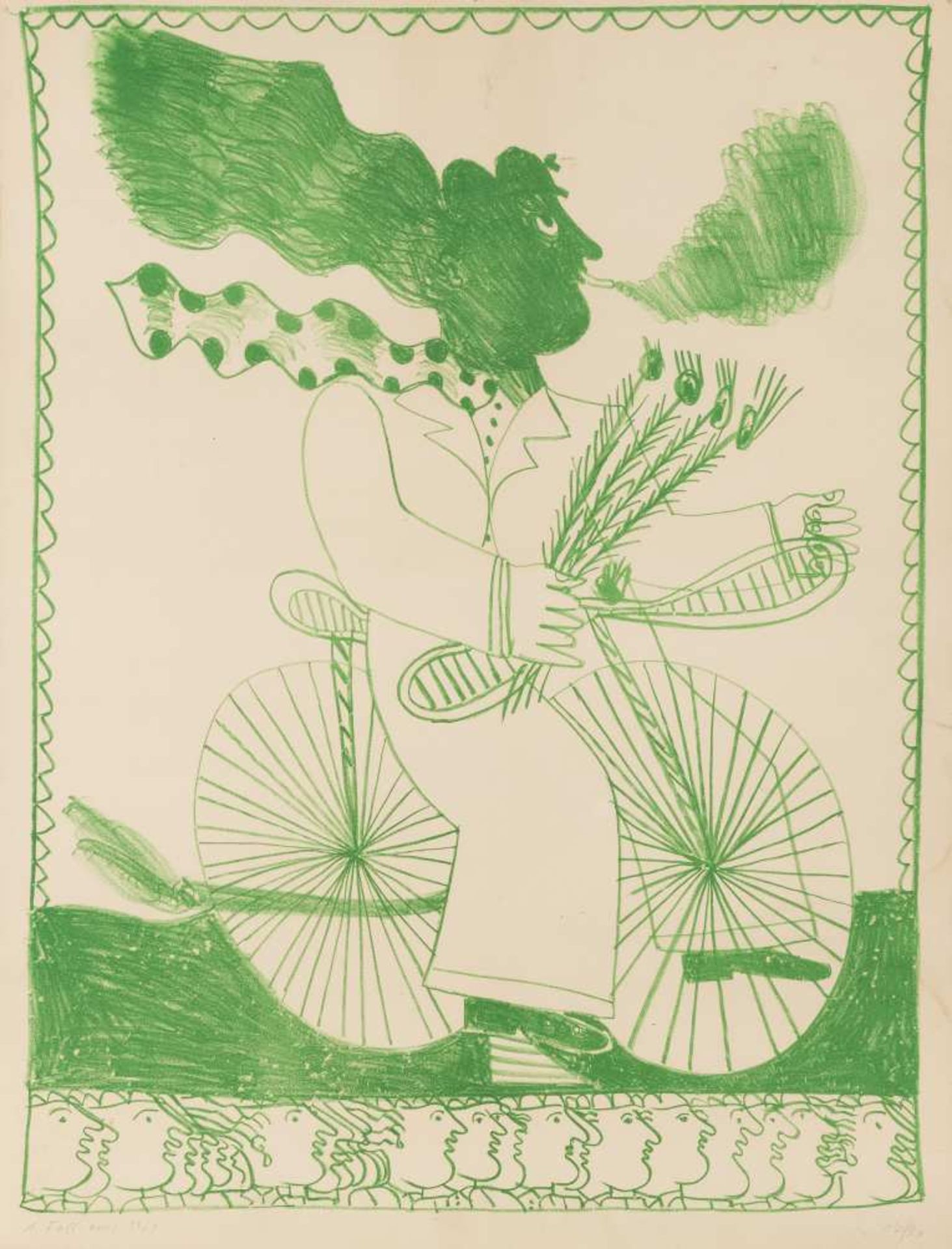 ALECOS FASSIANOS (né en 1935) Homme à bicyclette, 1979 Lithographie en couleurs. Signée et numérotée
