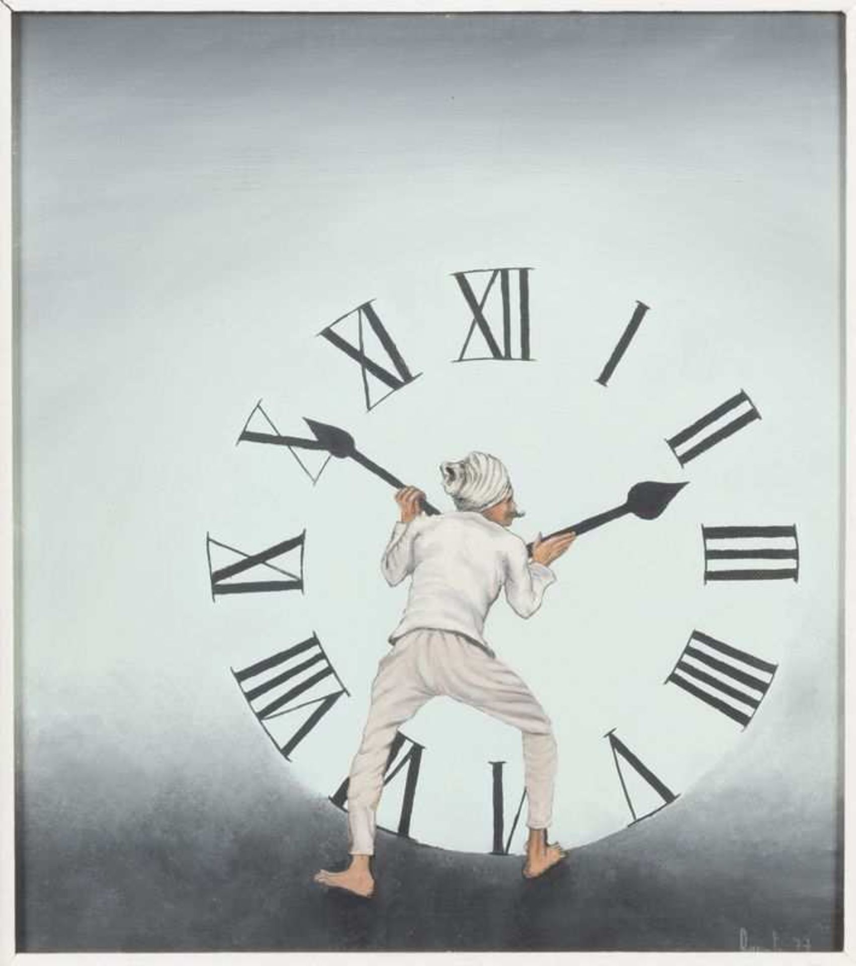 Gilles Brenta (1943-2017) L’horloge, 1977 Huile sur panneau. Signée et datée en bas à droite.