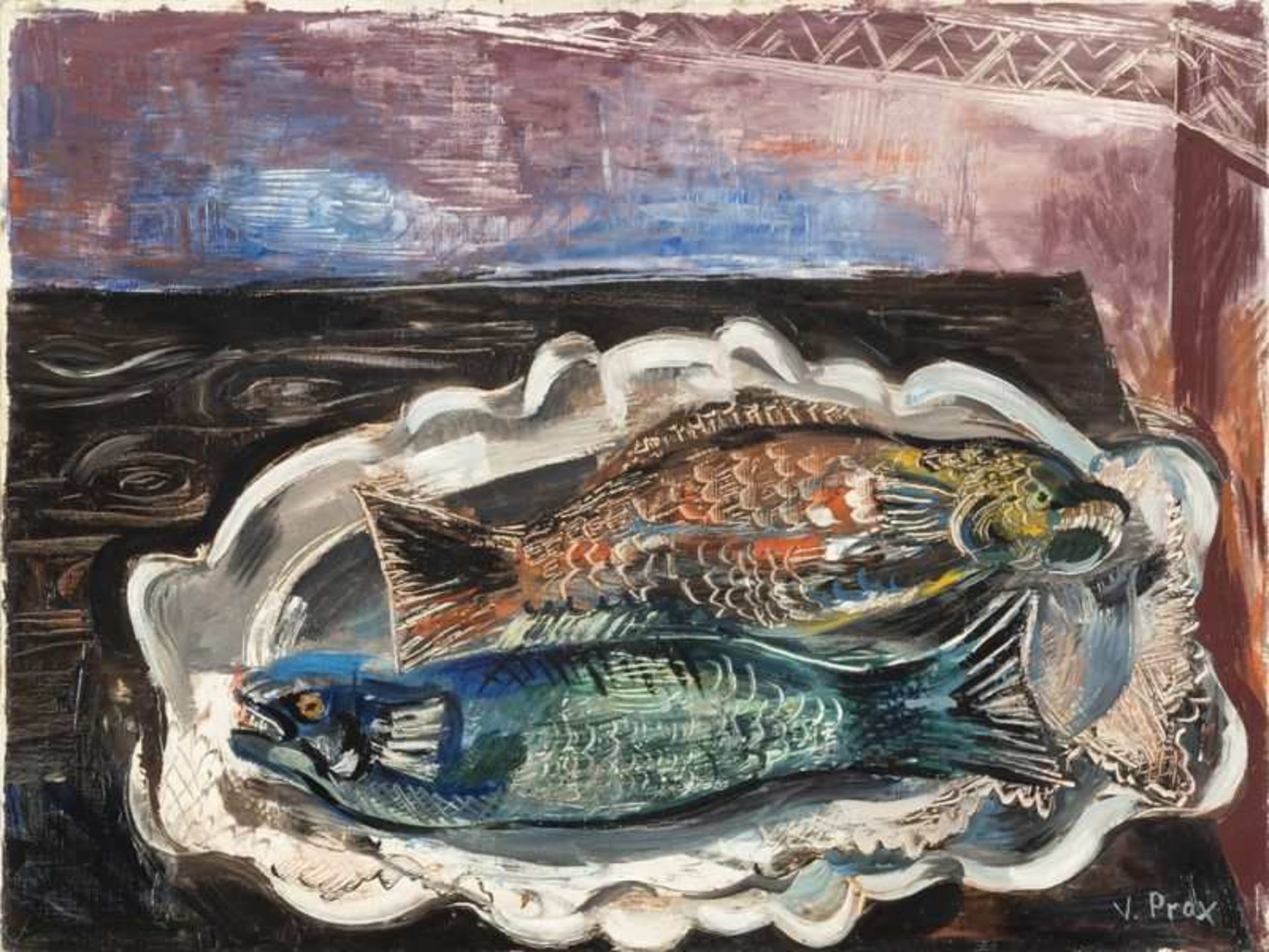 VALENTINE HENRIETTE PRAX (1899-1981) Nature morte aux poissons Huile sur toile. Signée en bas à