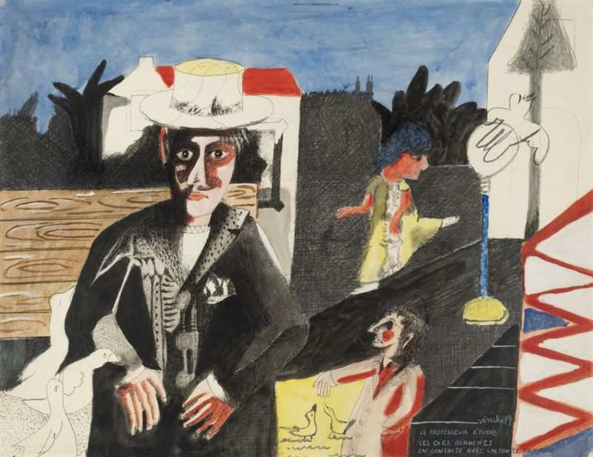 Lionel Vinche (né en 1936) Le professeur étudie les oies blanches, 1979 Aquarelle et encre de