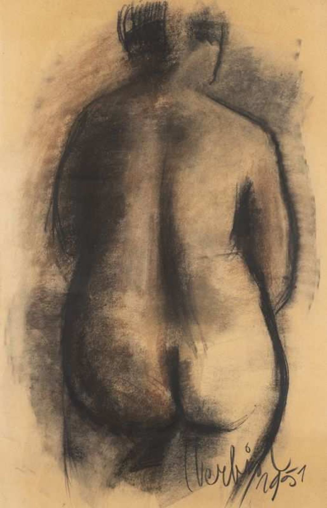 Maurice Verbist (1913-1984) Nu de dos Fusain et pastel sur papier. Signé en bas à droite.