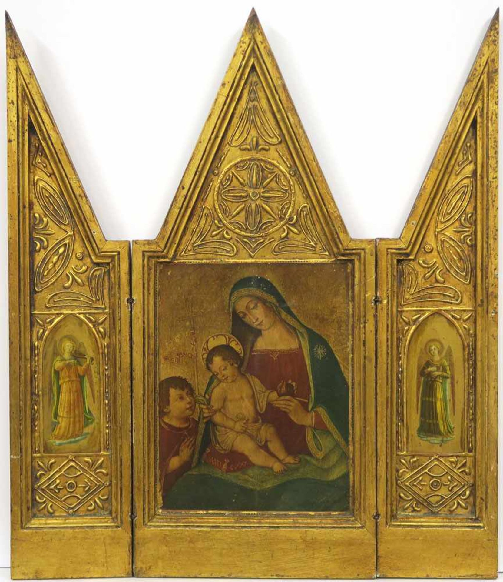 Triptychon und zwei RahmenTryptichon: Holz mit Stuckauflagen, vergoldet, aufklappbar. Im Inneren auf