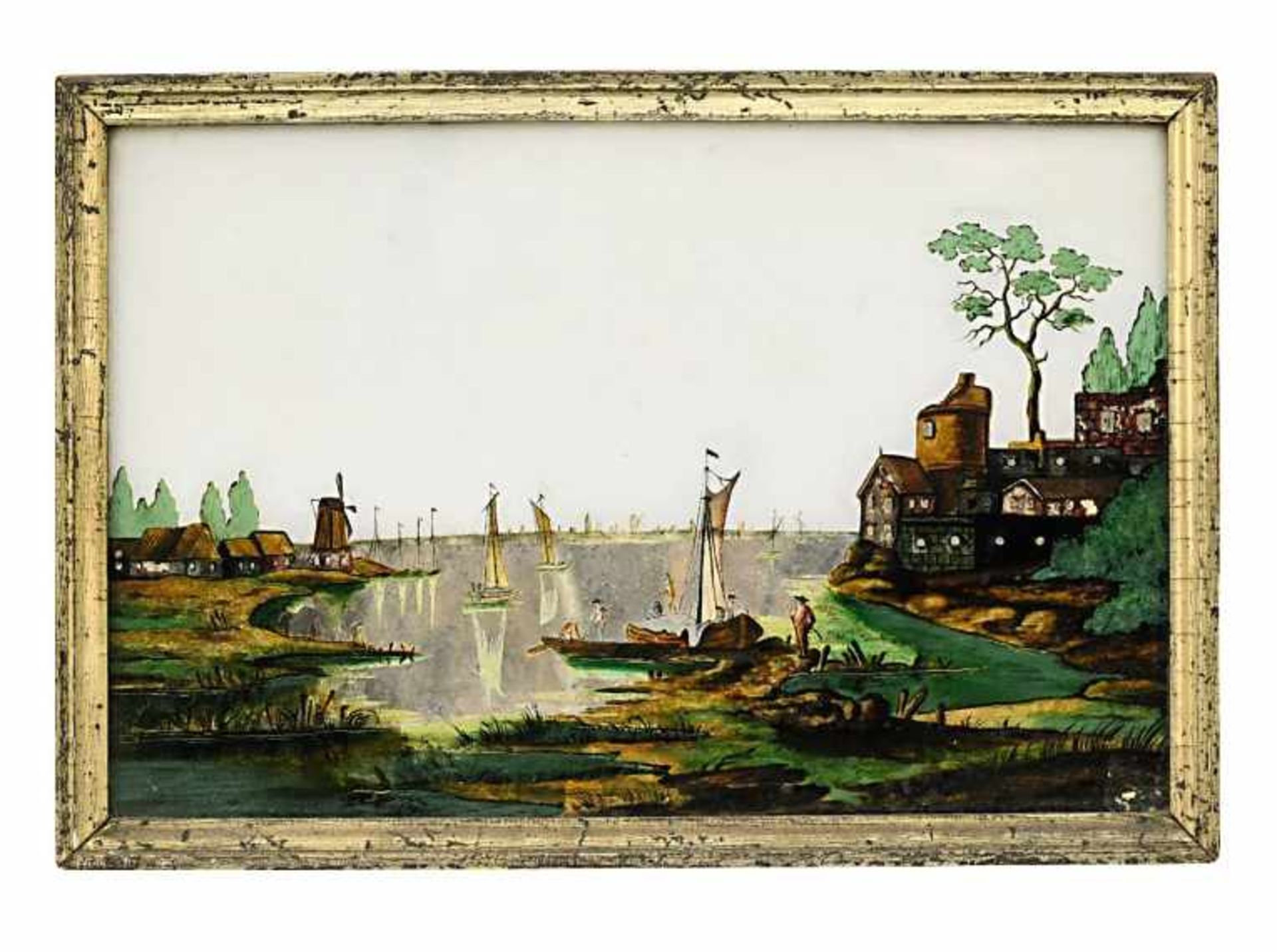 Hinterglasbild: Flusslandschaft mit Segelbooten und Windmühle<