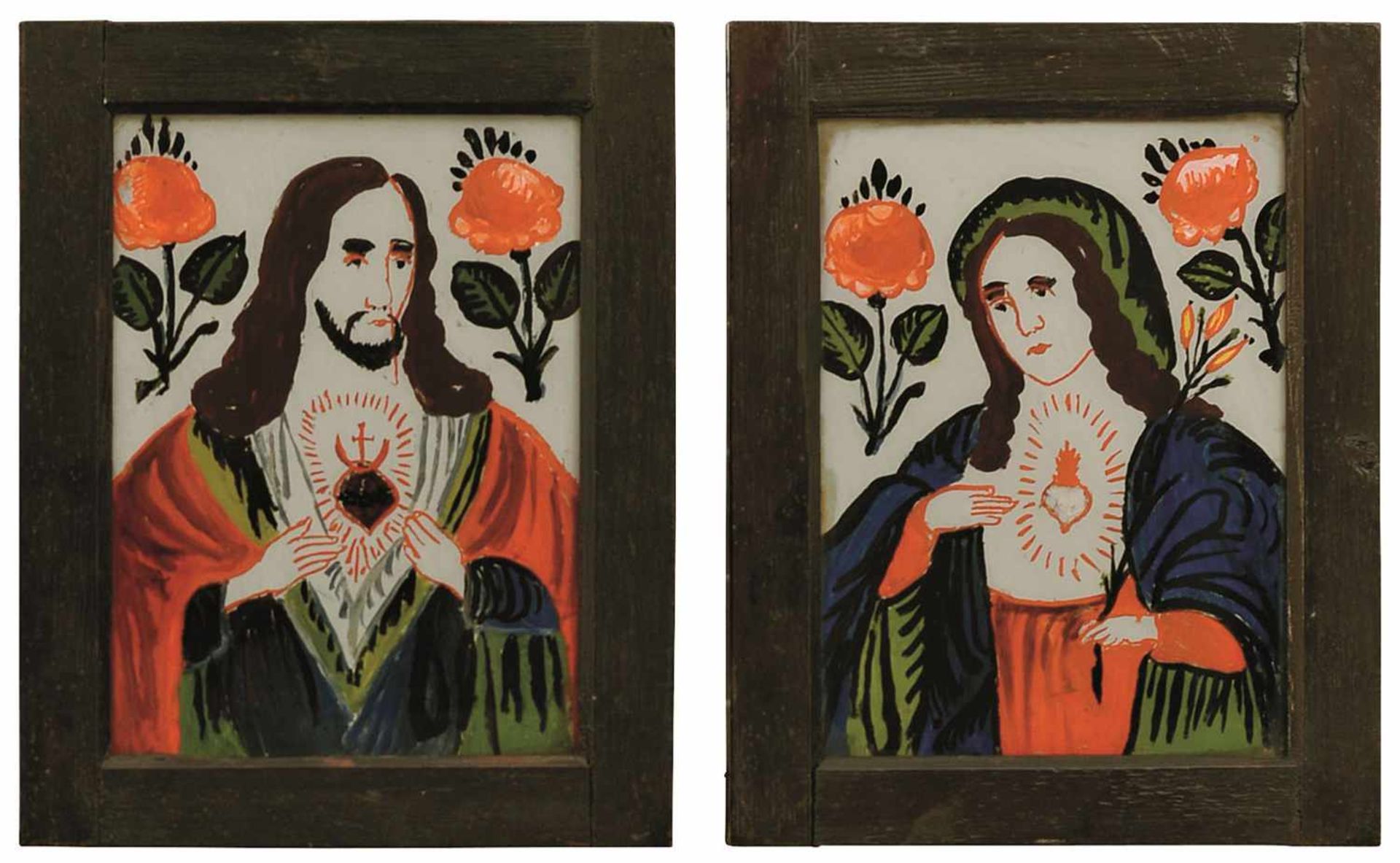 Ein Paar Hinterglasbilder: Herz Jesu und Herz MariaJe 26 x 19,5 cm. Kleine Farbablösungen.