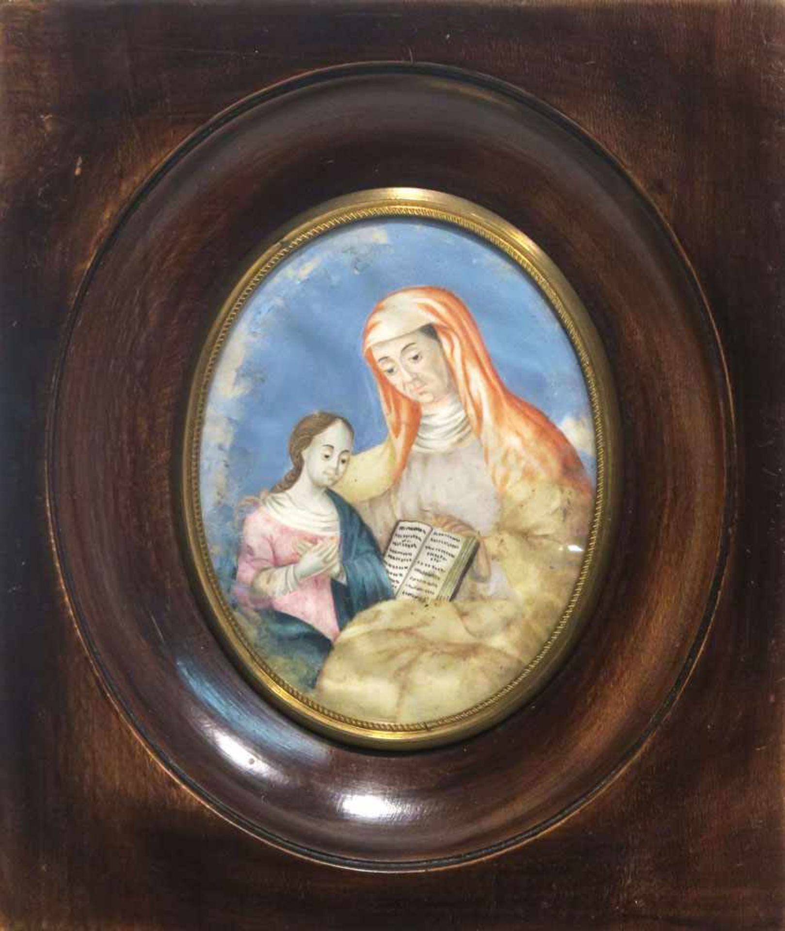 Anna lehrt Maria das LesenAquarell und Deckfarben. BA: 7,8 x 5,8 cm (im Oval). Besch. Rahmen.