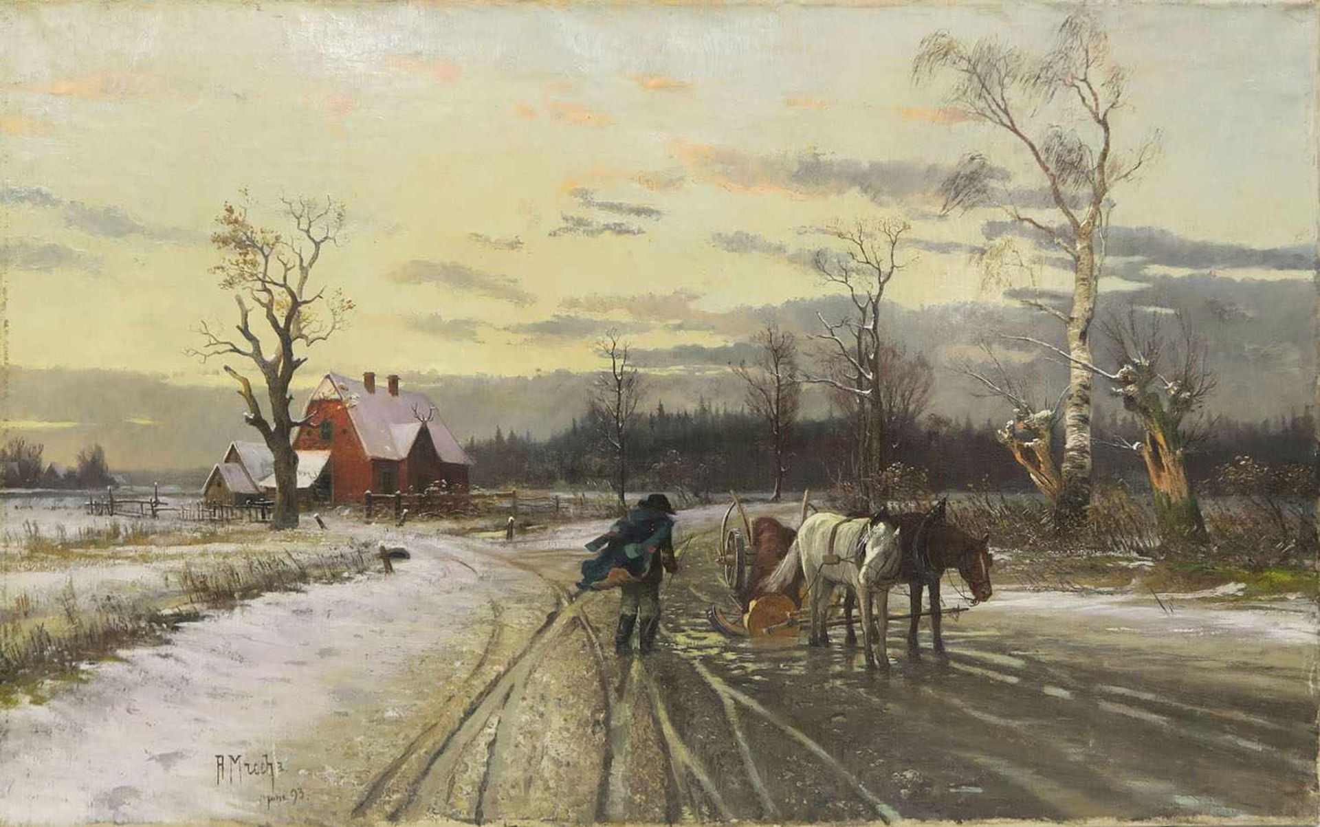 zurÃ¼ckgezogen / withdrawn---Mucha, A. um 1893 Winterliche Landstraße Öl/Lwd. 58 x 93 cm. L. u.