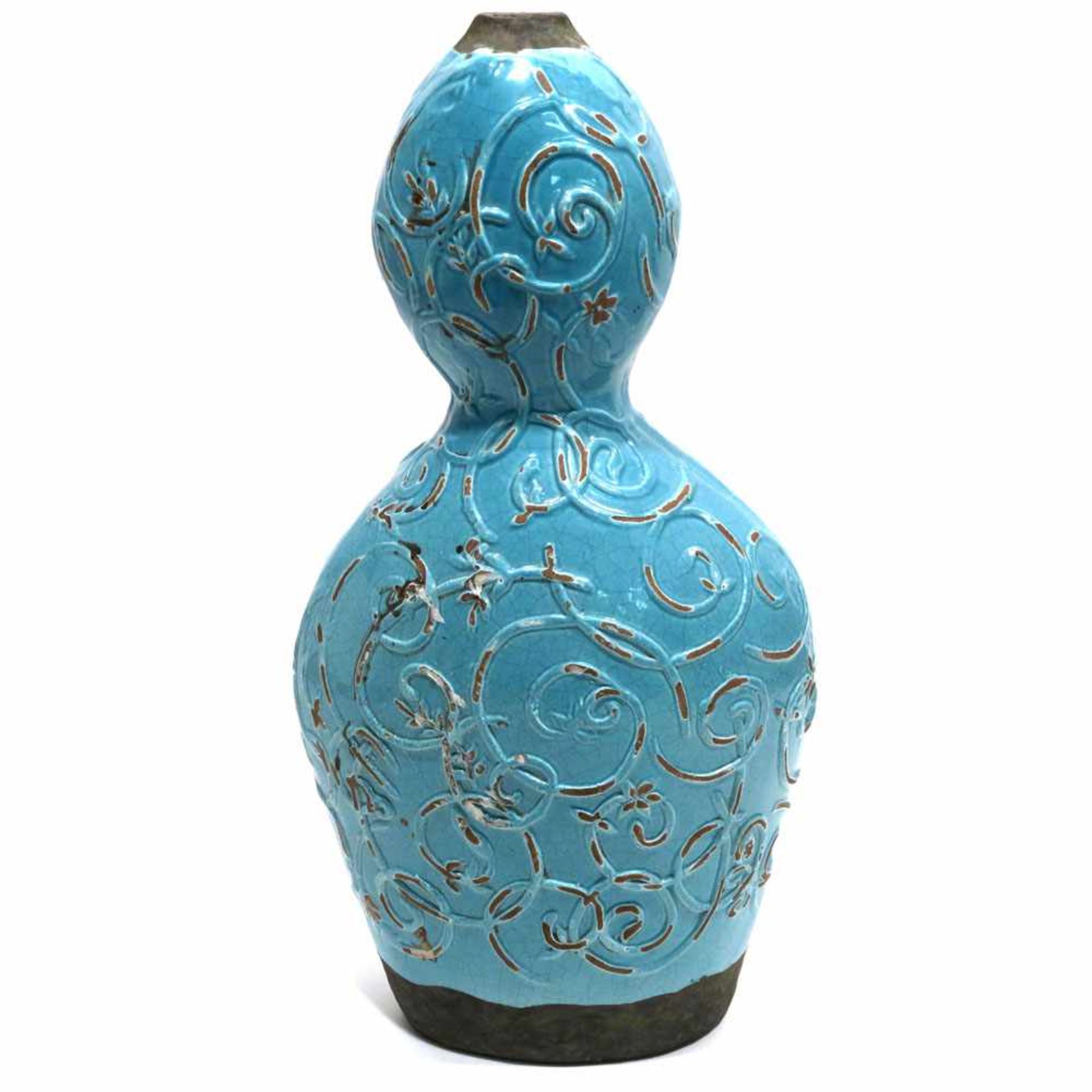 VaseWohl China. Keramik, türkisfarben glasiert. In Form eines gedrückten Doppelkürbis mit