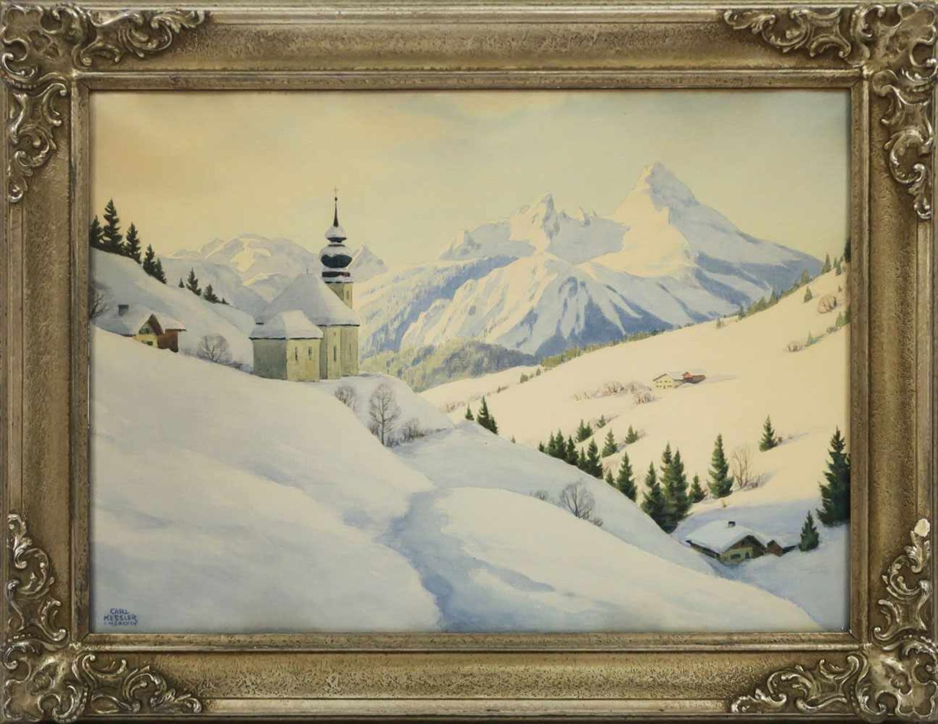 Kessler, Carl1876 Coburg - 1968 MünchenMaria Gern vor dem Watzmann-MassivAquarell. BA: 34,5 x 48 cm.