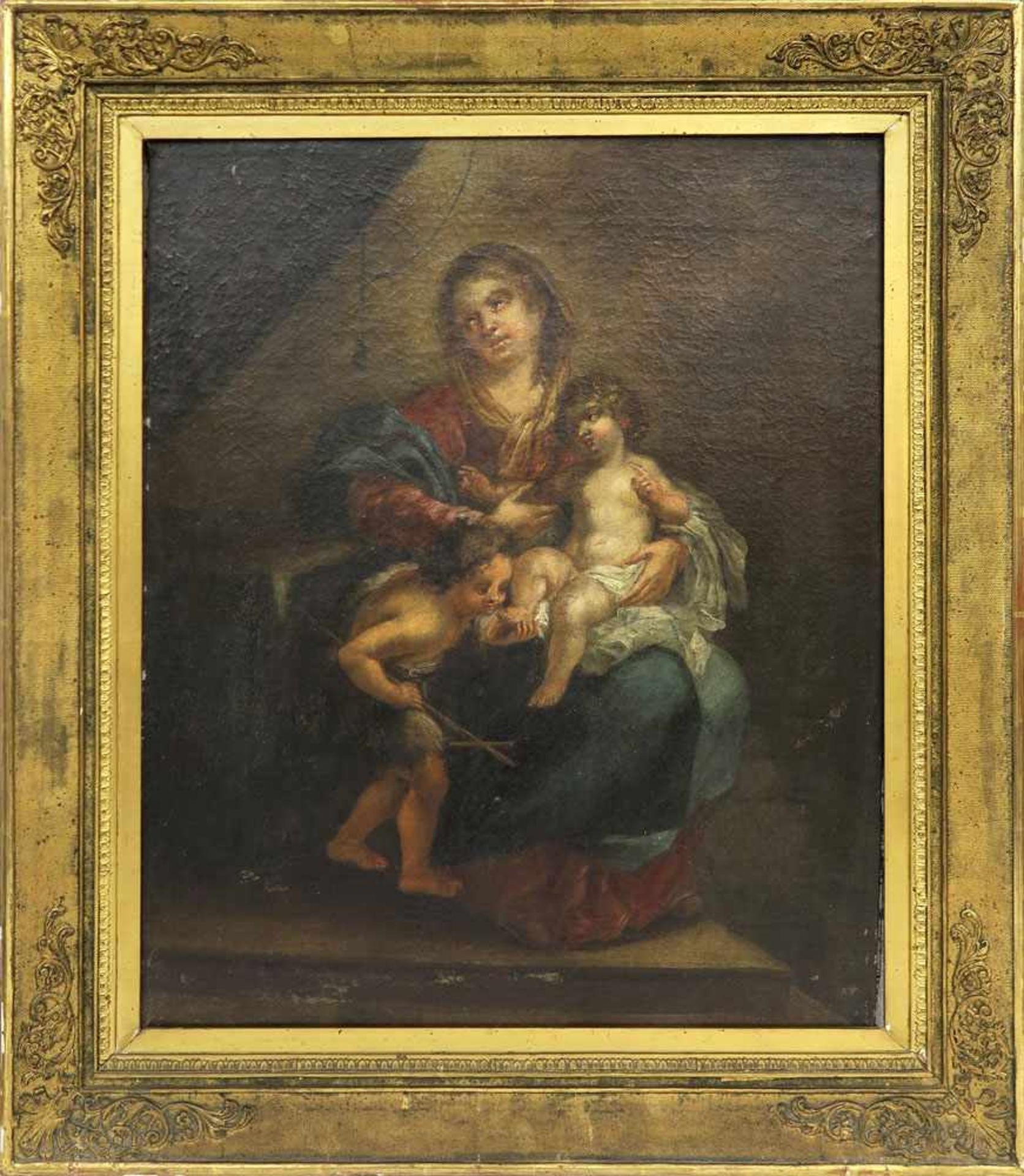 Wohl 18. Jh.Muttergottes mit Kind und JohannesknabenÖl/Lwd. 68,5 x 56,5 cm. Doubliert. Rest., besch.