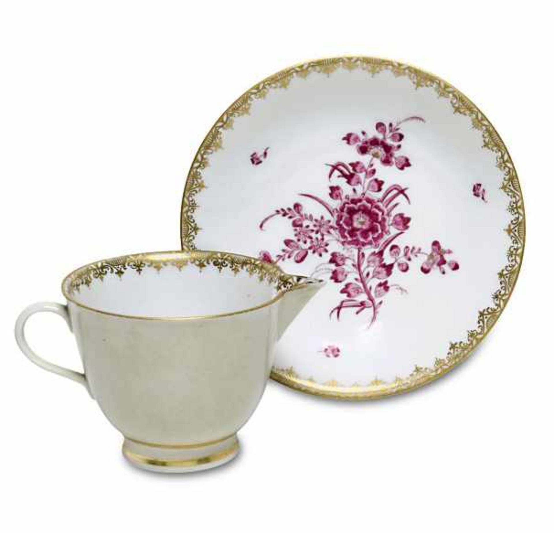 Tasse mit UntertasseMeissen, MarcoliniGlattwandige Tasse mit Schnabelausguss. Indianisc