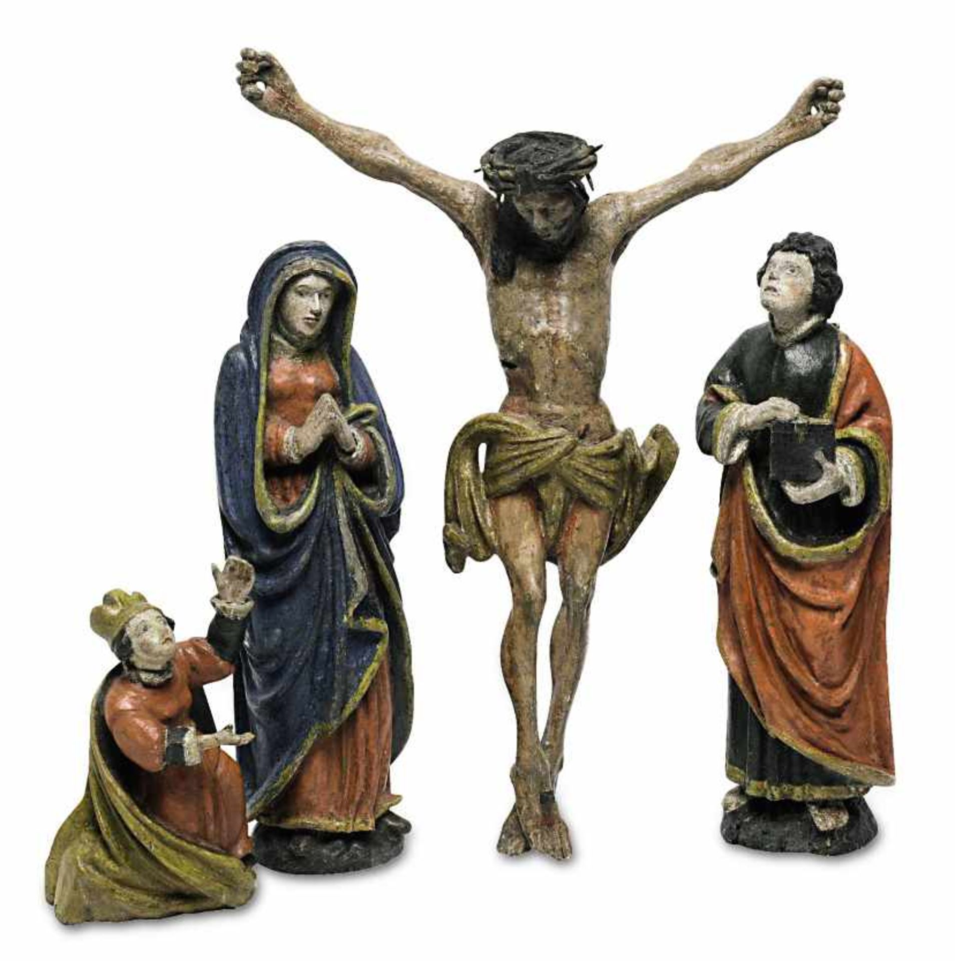 Kreuzigungsgruppe / Kniende HeiligeHolz, geschnitzt, rückseitig geflacht, Farbfassung.Besch