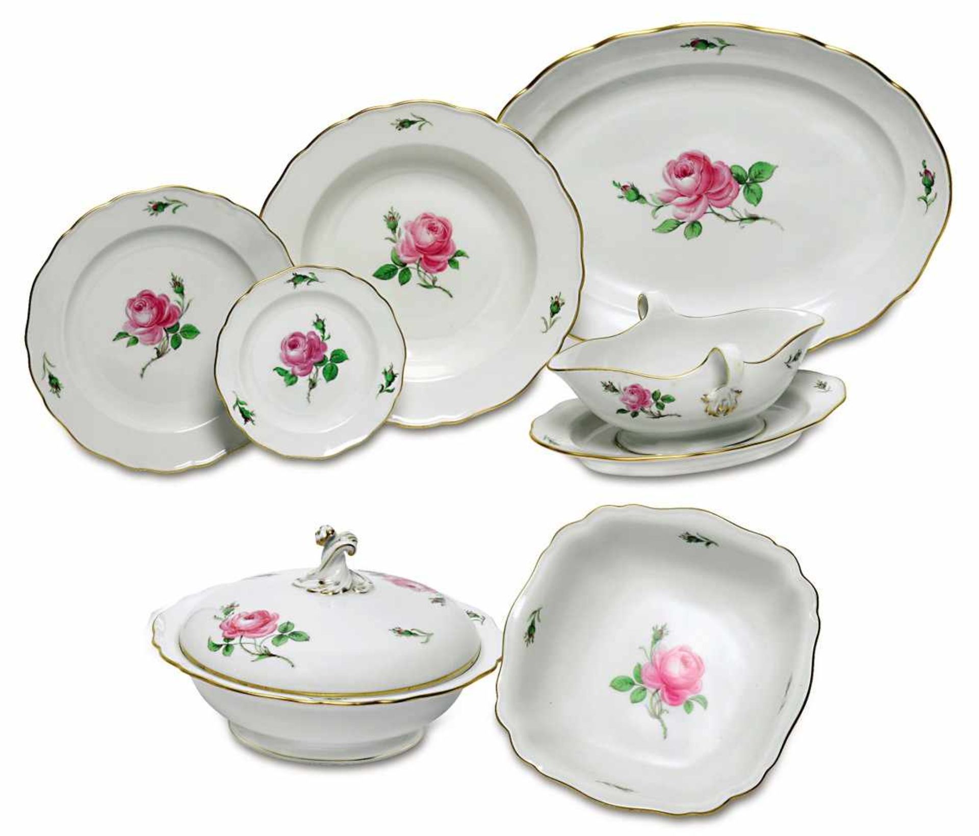 Speiseteilservice, 53tlg.Meissen. Form "Neuer Ausschnitt". Dekor "Rosa Rose", Goldstaffage.