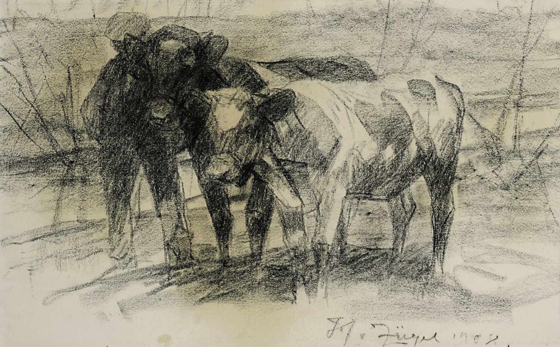 Zügel, Heinrich von1850 Murrhardt - 1941 MünchenBauer mit zwei KühenKohlezeichnu