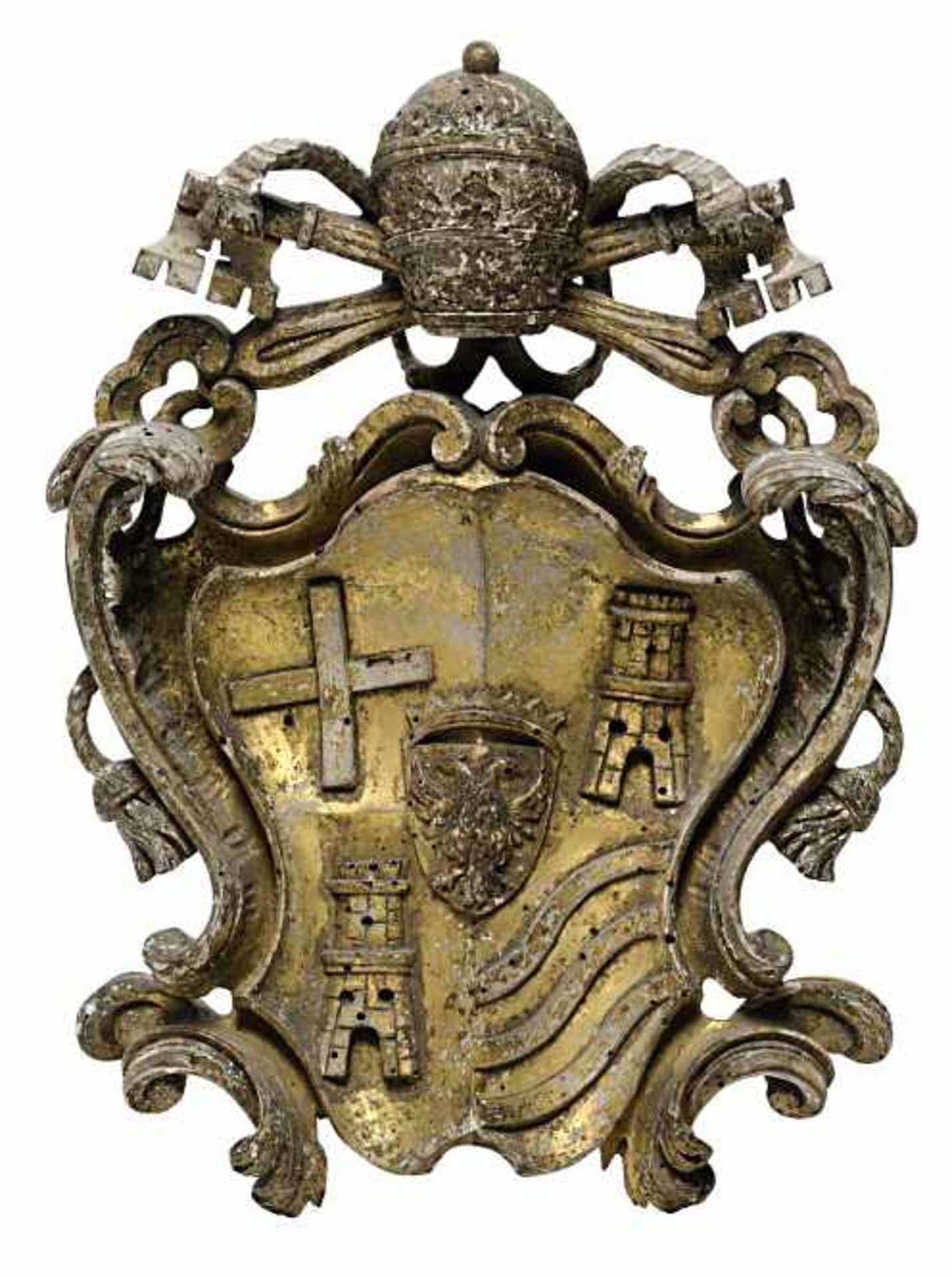 Papstwappen Clemens XIII.2. Hälfte 18. Jh.Holz, geschnitzt, Goldfassung (besch.).Mi
