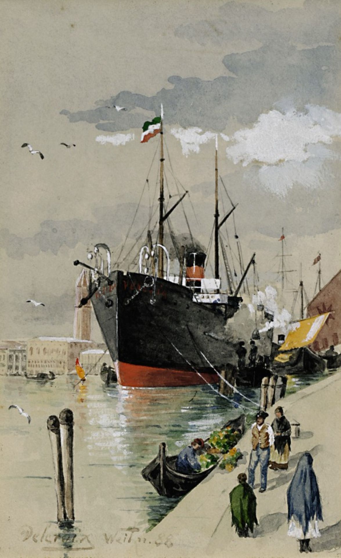 Delcroixum 1888Dampfschiff am KaiAquarell, weiß gehöhtBA: 22 x 13,5 cmL. u. signiert, undeutlich
