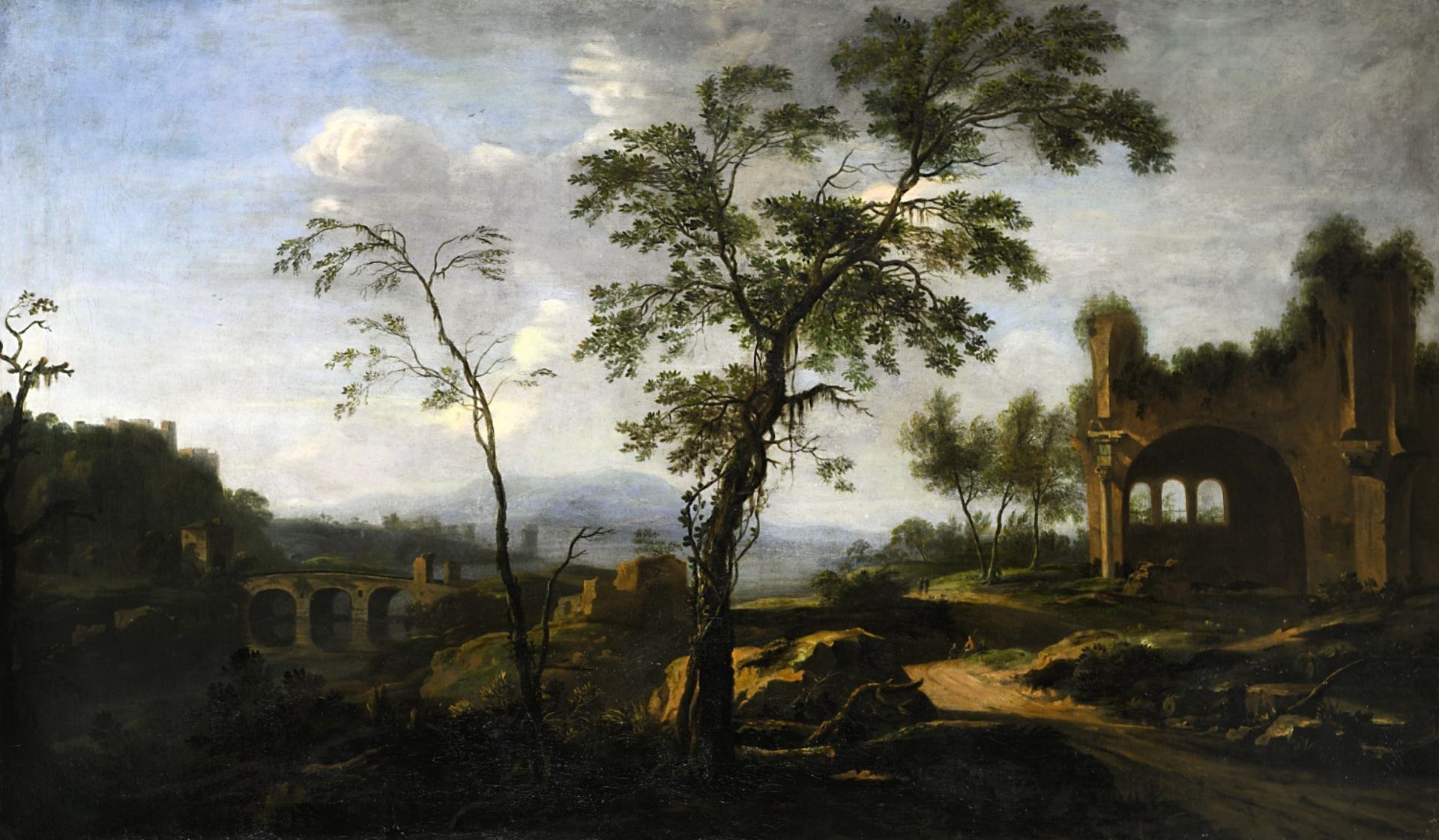 18. Jh.Ruinenlandschaft mit FigurenstaffageÖl / Lwd. Ca. 110 x 188 cm Rest., doubliert. Rahmen.