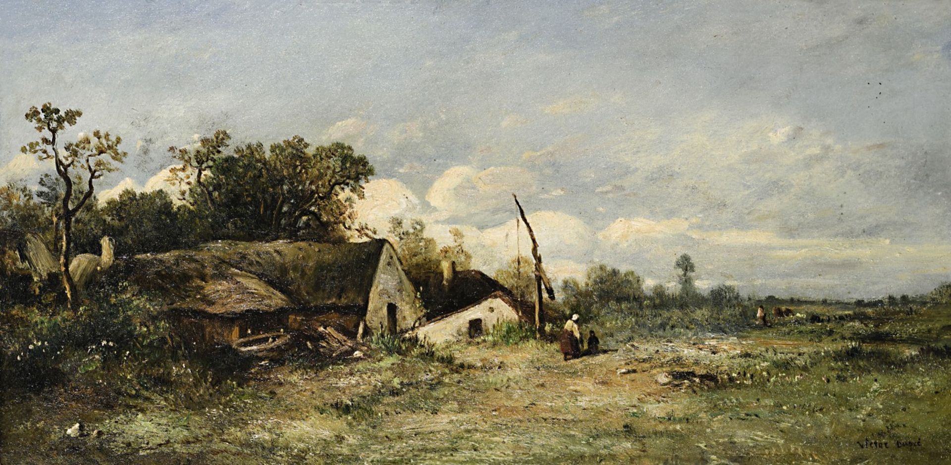 Dupré, Léon Victor1816 Limoges - 1879 ParisLandschaft mit Bauernhäusern und FigurenstaffageÖl / Holz